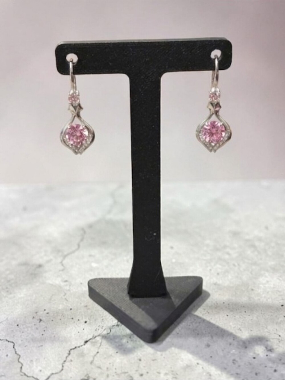 Pink Crystal Drop Earrings - Silver Tone, NIB
